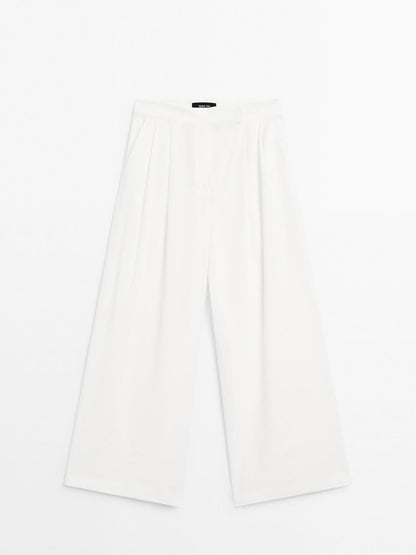Linen blend darted palazzo trousers