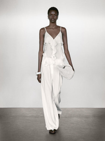 Linen blend darted palazzo trousers