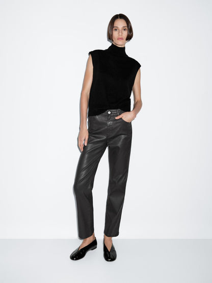 High-waist straight-leg waxed trousers