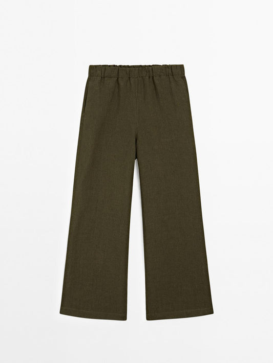 100% linen straight-leg trousers