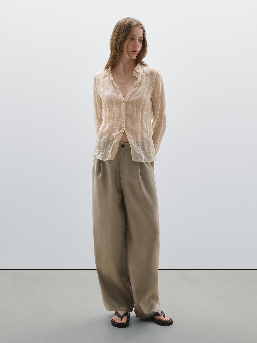 100% linen wide-leg mid-rise trousers