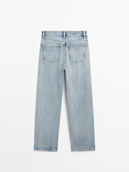 Cotton blend high-waist straight-leg jeans