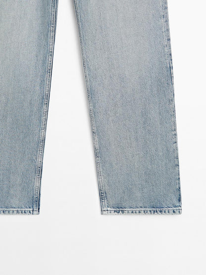 Cotton blend high-waist straight-leg jeans