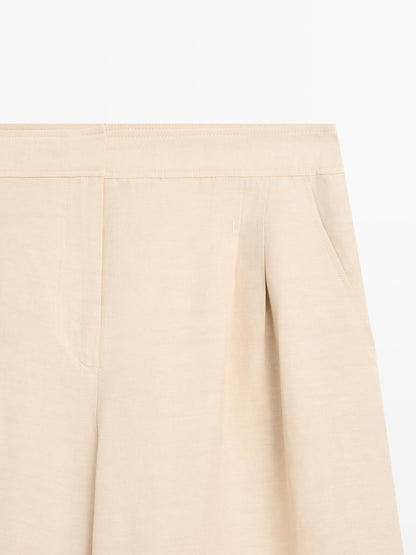 Linen blend darted wide-leg trousers