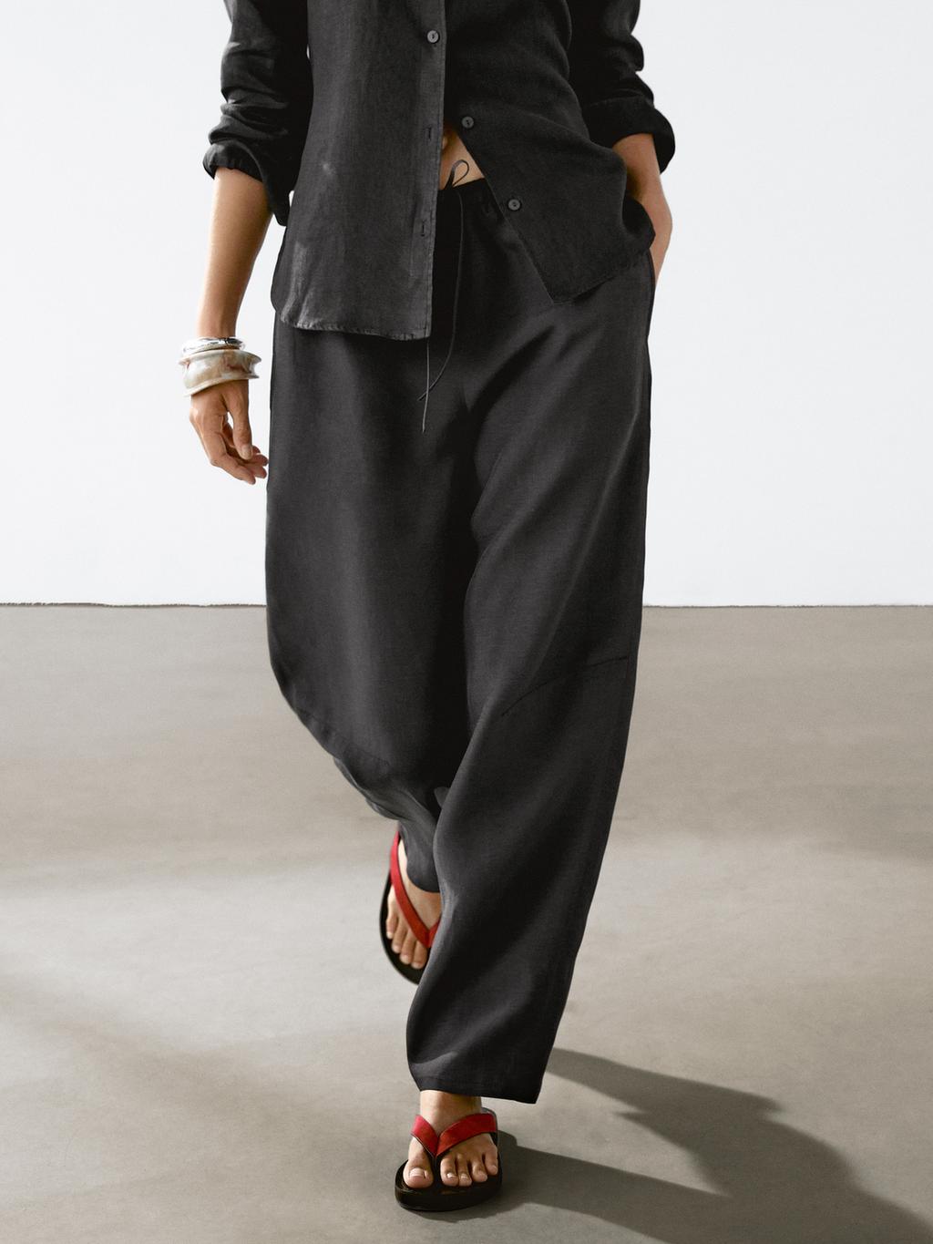 Flowing linen blend barrel fit trousers