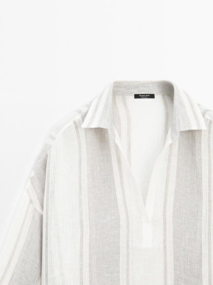 Flowing striped linen blend blouse