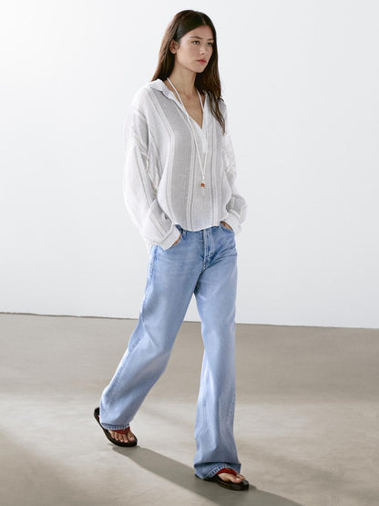 Flowing striped linen blend blouse