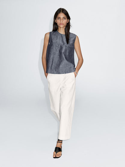 Cotton and linen denim blouse with pockets