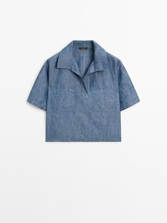 Short sleeve cotton and linen polo shirt