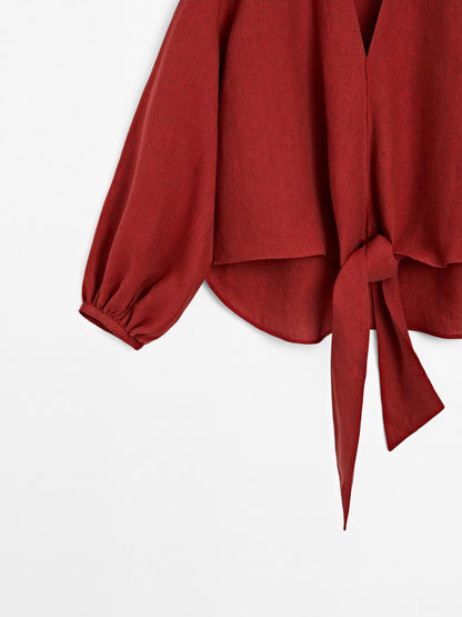 100% linen blouse with tie detail