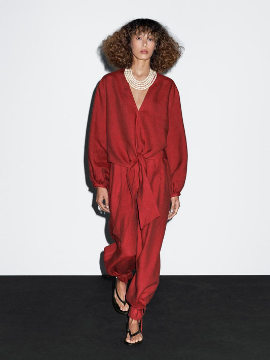 100% linen blouse with tie detail