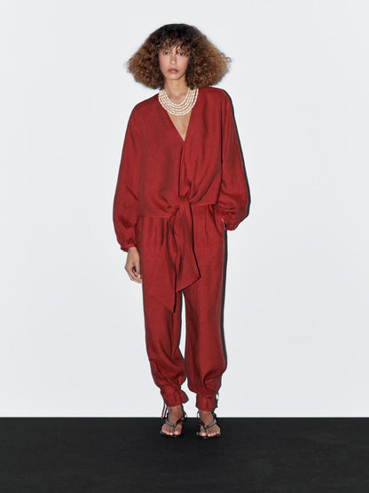 100% linen blouse with tie detail