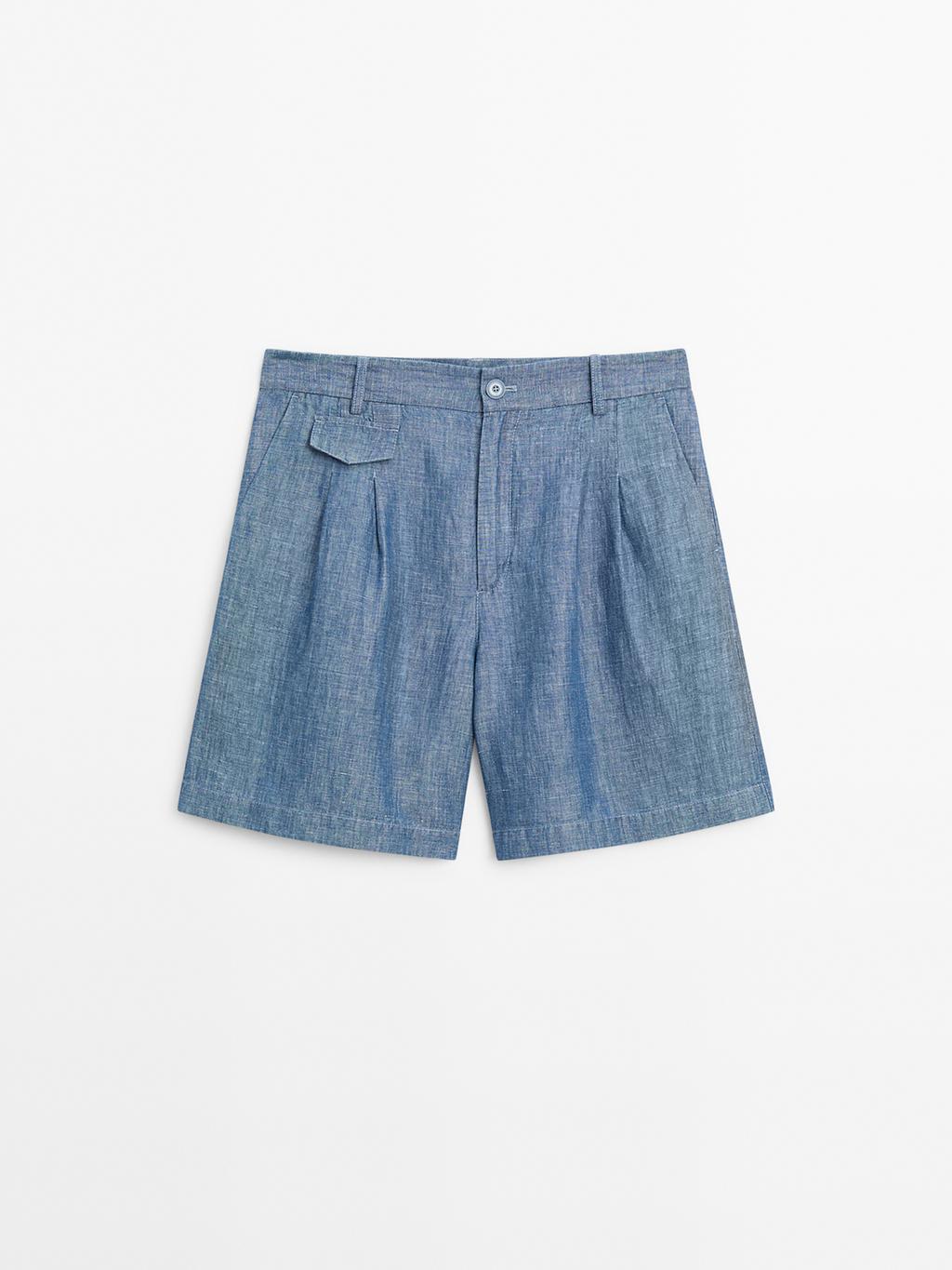 Cotton and linen Bermuda shorts with pocket detail