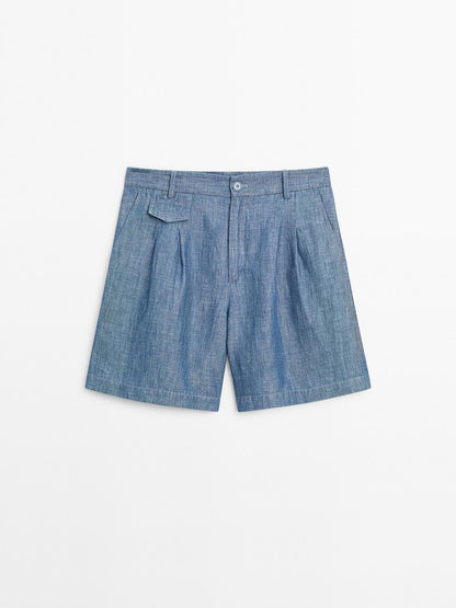 Cotton and linen Bermuda shorts with pocket detail