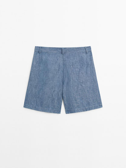 Cotton and linen Bermuda shorts with pocket detail