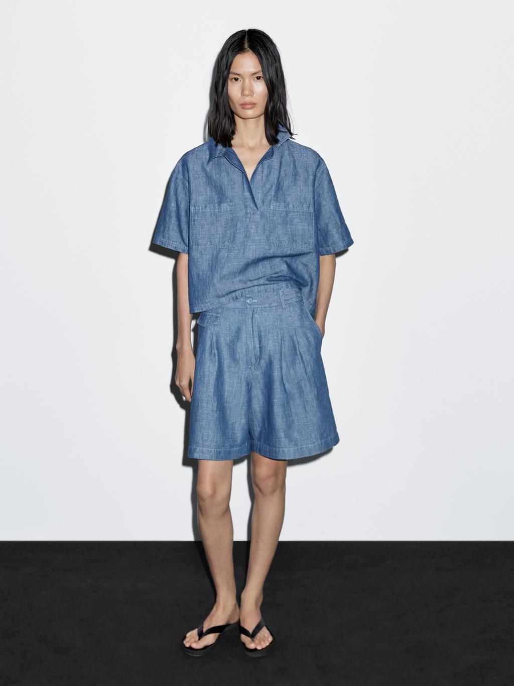 Cotton and linen Bermuda shorts with pocket detail