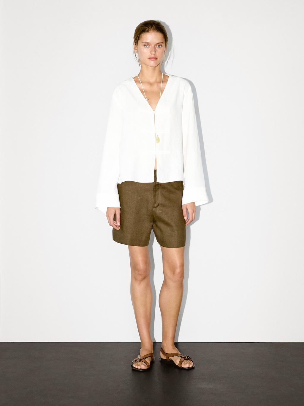 Flowing linen blend blouse with V-neckline