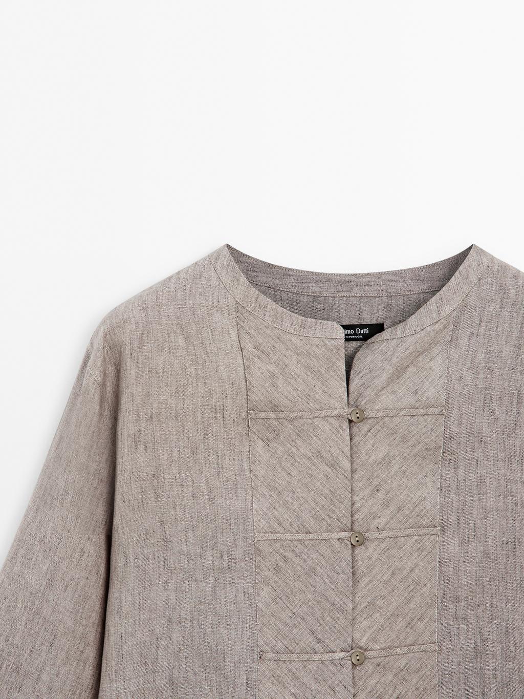 100% linen melange stand collar blouse