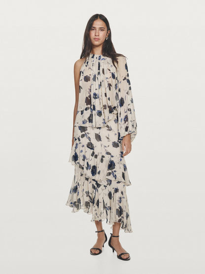 Asymmetric flowing floral print blouse