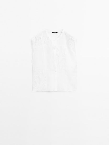 Linen blend crochet detail blouse