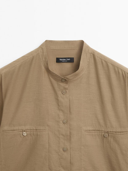 Long shirt with stand collar