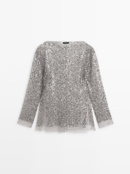 Sequinned blouse with cowl neck