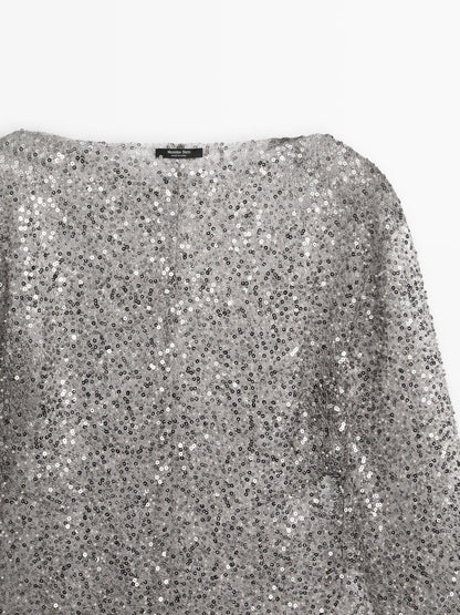 Sequinned blouse with cowl neck