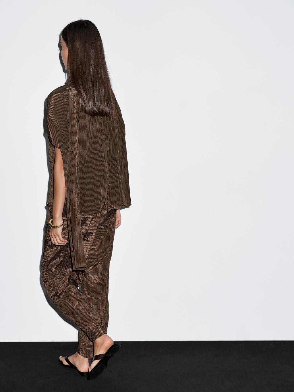 Pinstripe blouse with scarf collar