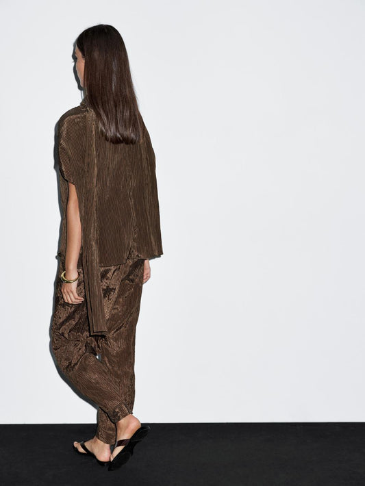 Pinstripe blouse with scarf collar