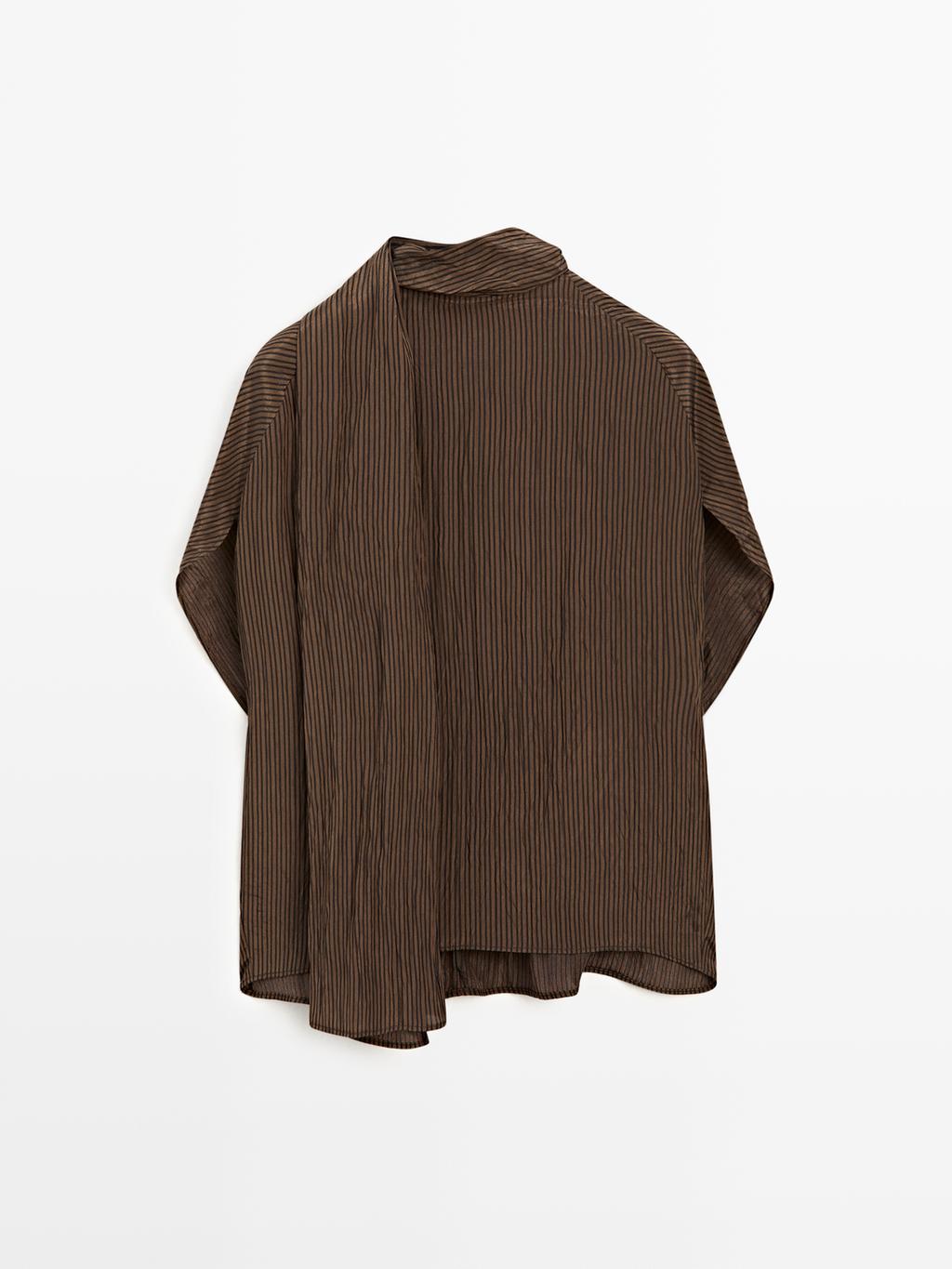 Pinstripe blouse with scarf collar