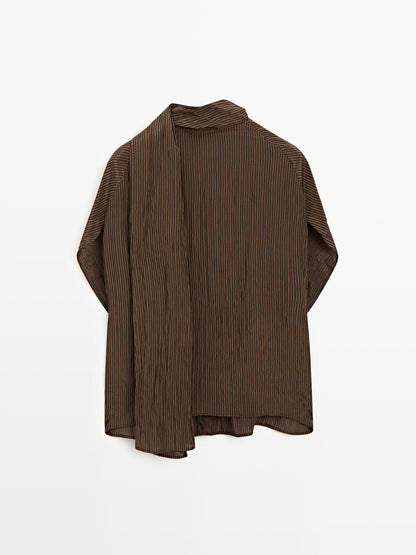Pinstripe blouse with scarf collar