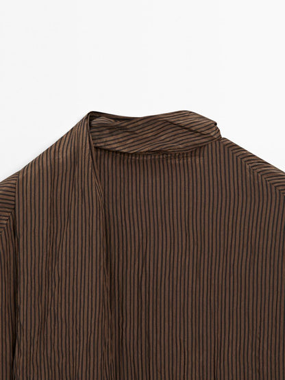 Pinstripe blouse with scarf collar