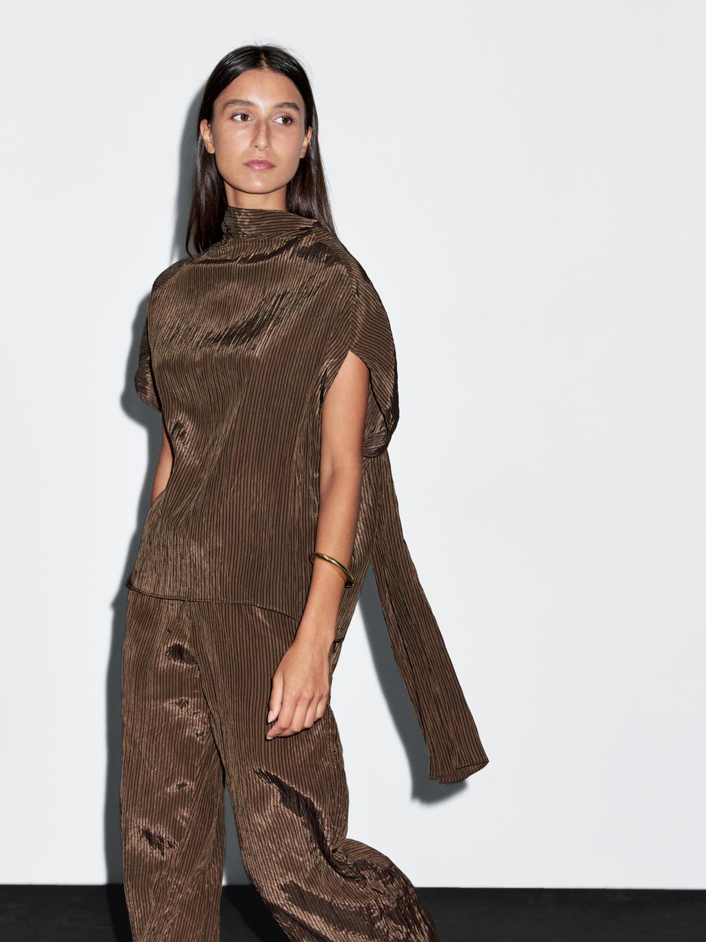 Pinstripe blouse with scarf collar