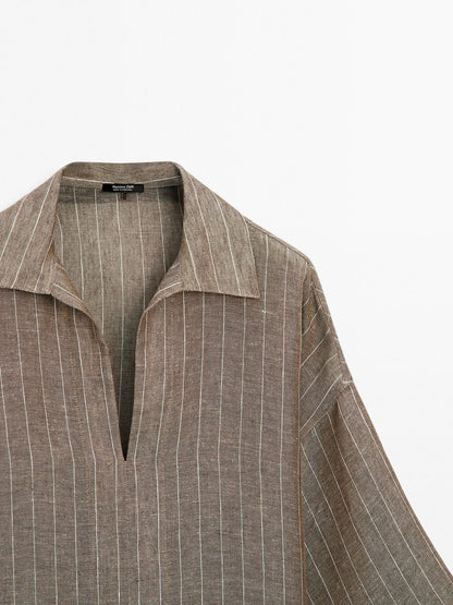 Striped linen open neck blouse