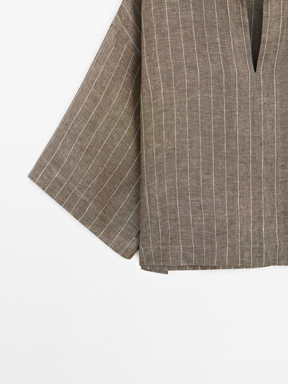 Striped linen open neck blouse