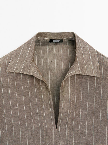 Striped linen open neck blouse