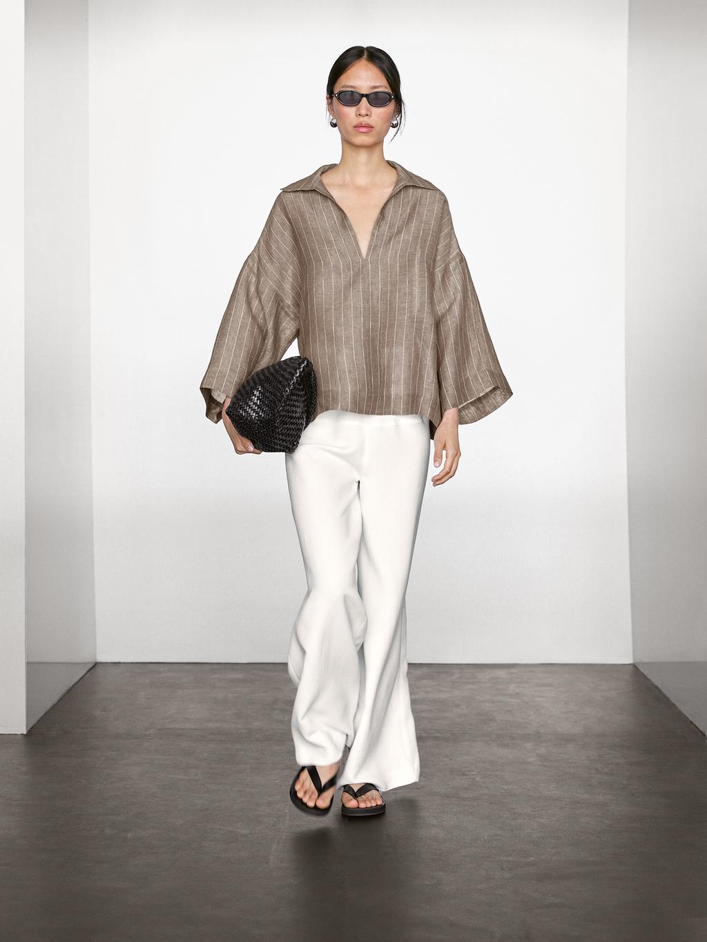 Striped linen open neck blouse