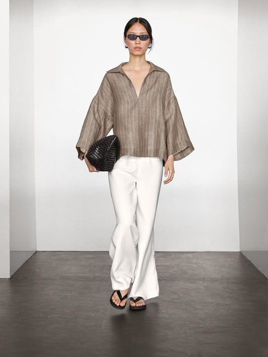Striped linen open neck blouse