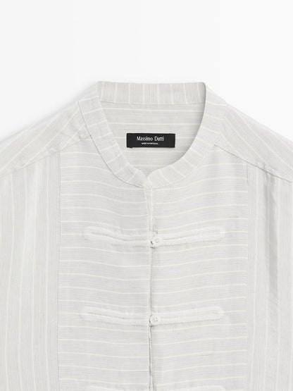 Striped oversize blouse with stand collar