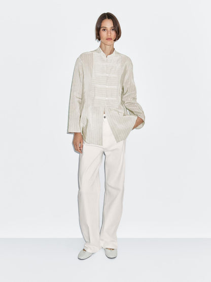 Striped oversize blouse with stand collar