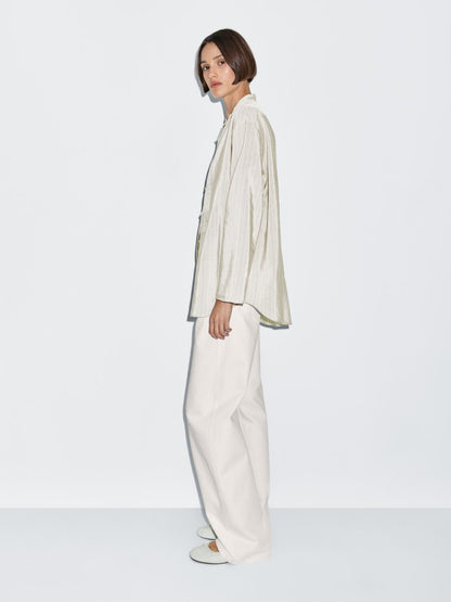 Striped oversize blouse with stand collar