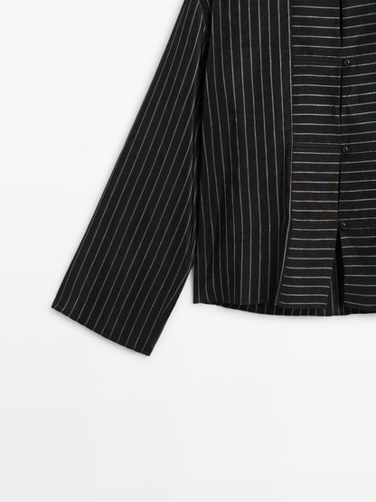 Striped shirt with stand collar and bib detail