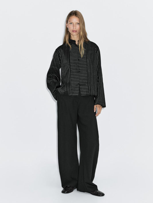 Striped shirt with stand collar and bib detail