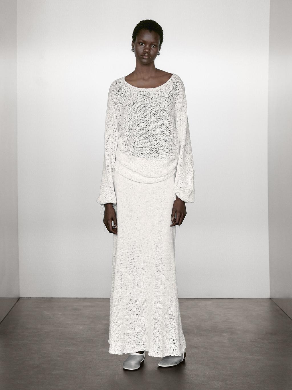 Cotton blend knit midi skirt