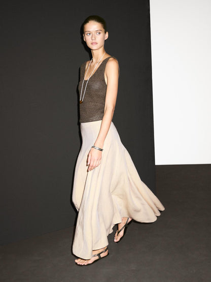 Flounce linen blend midi skirt