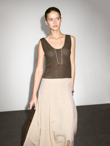 Flounce linen blend midi skirt