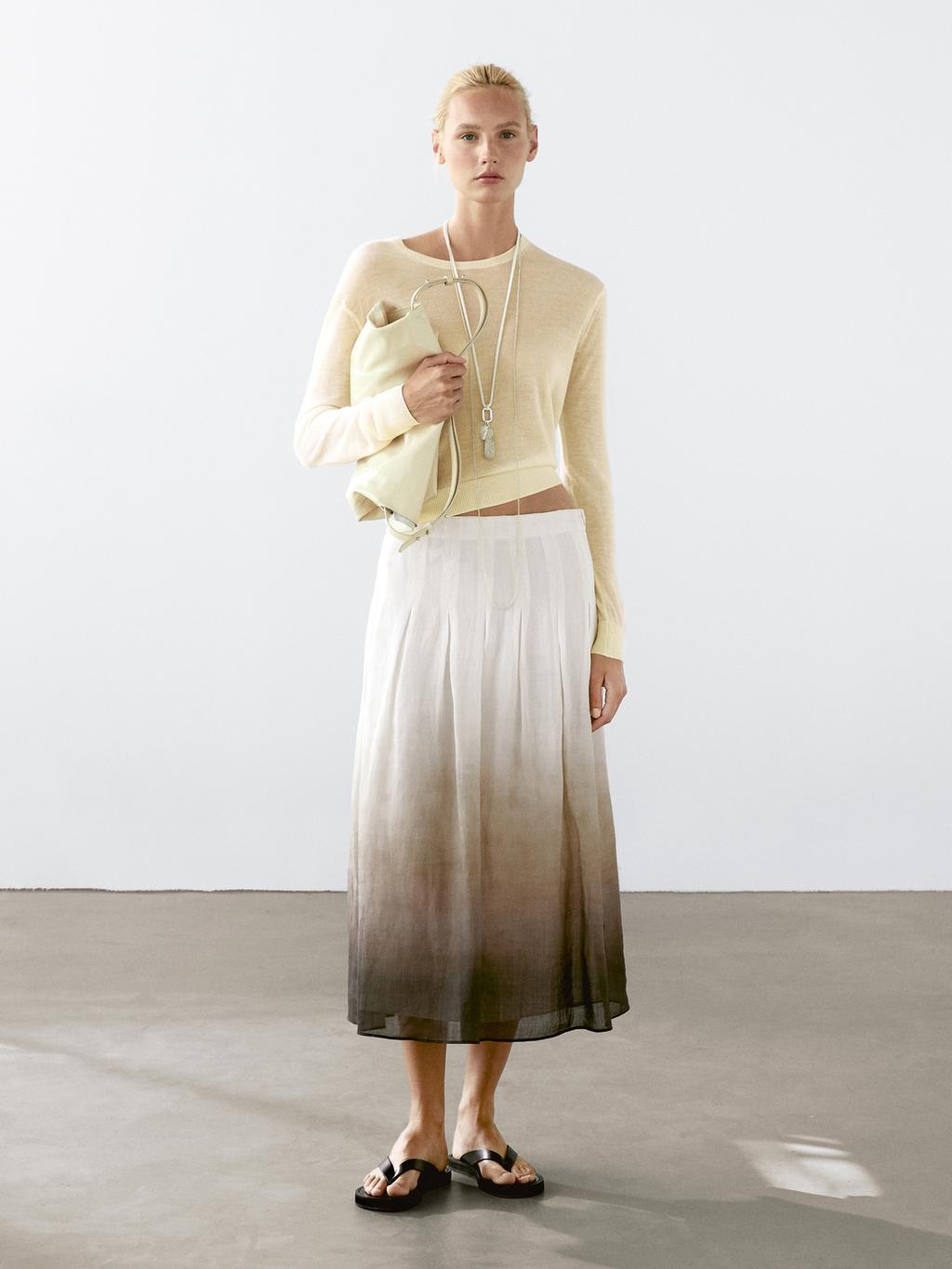 Ombre print box pleat midi skirt