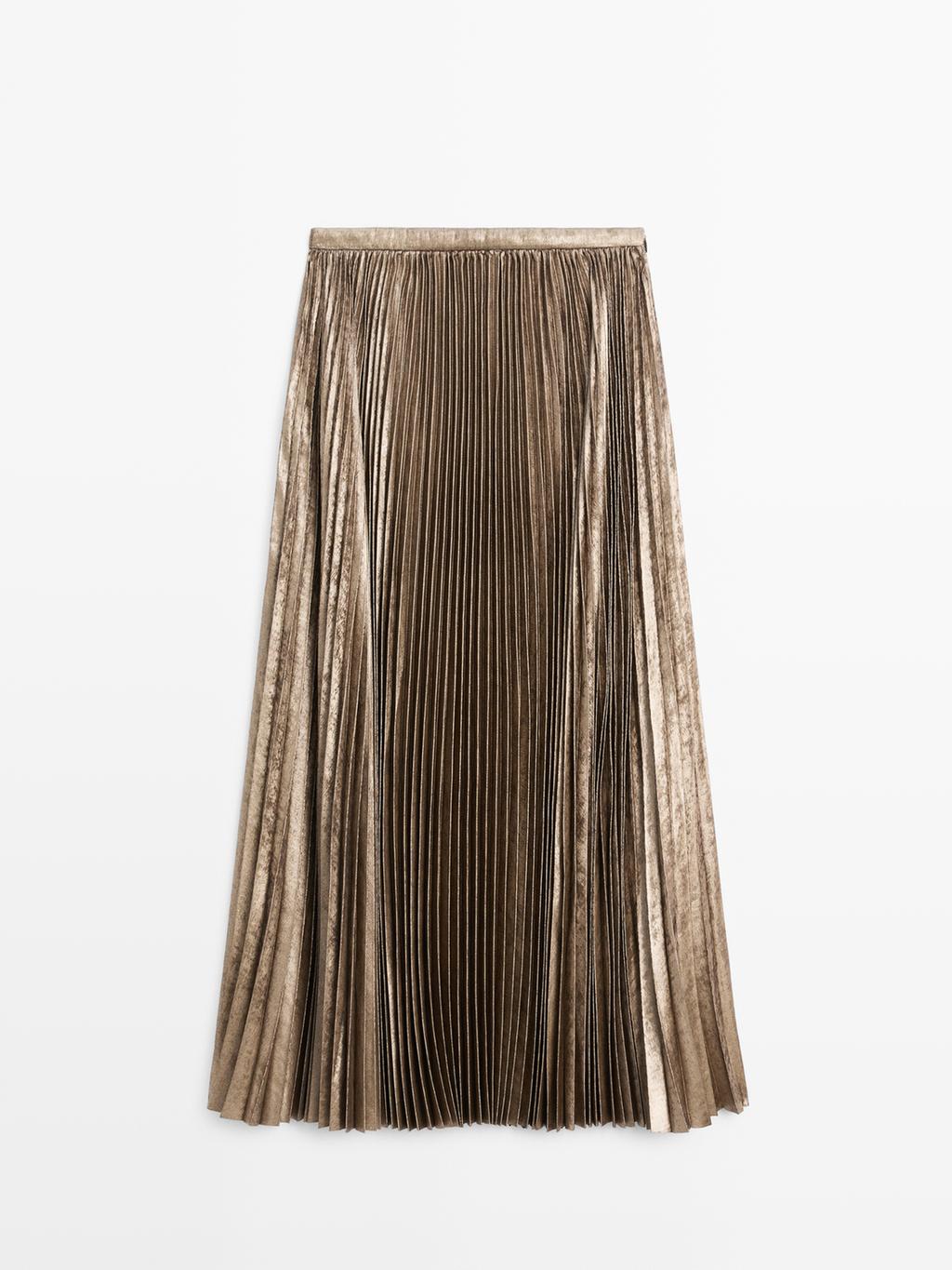 Pleated metallic-effect midi skirt