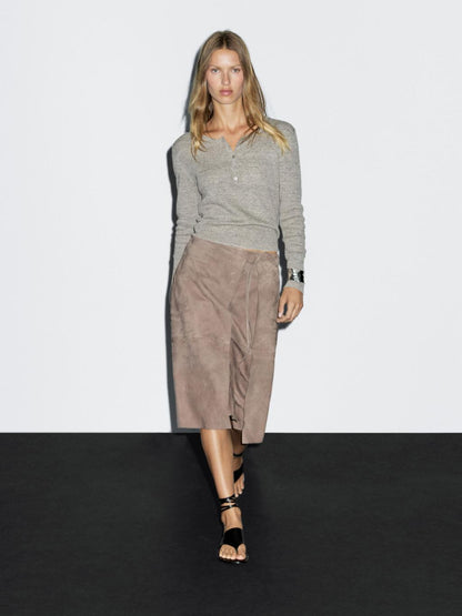 Suede leather wrap midi skirt