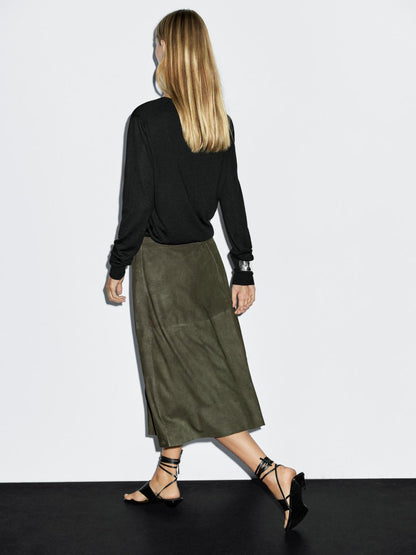 Suede leather skirt with gathered detail